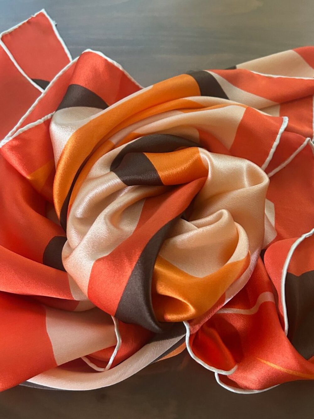 Vintage Kanebo Silk Scarf 70s Orange Brown Retro Modernist Japan New in Org Box